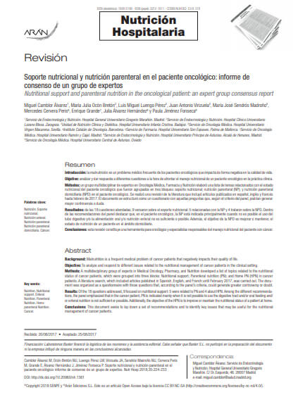 Revisión: Soporte nutricional y nutrición parenteral en el paciente oncológico: informe de consenso de un grupo de expertos