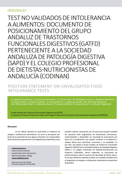 Documento de posicionamiento sobre los tests no validados de intolerancia a los alimentos