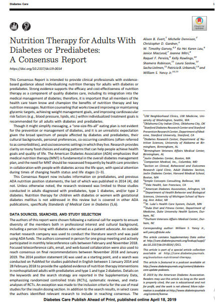 Nutrition Therapy for Adults With Diabetes or Prediabetes: A Consensus Report