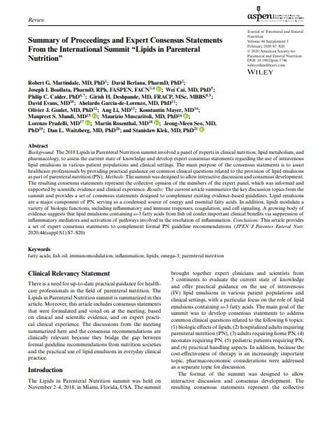 Summary of Proceedings and Expert Consensus Statements From the International Summit “Lipids in Parenteral Nutrition”