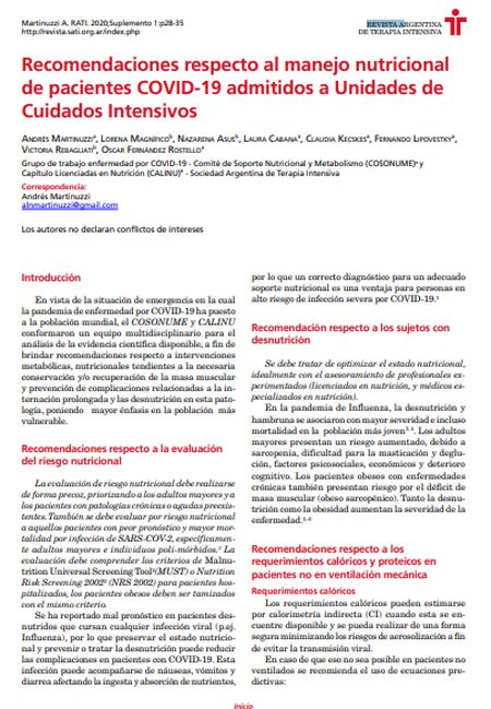 Recomendaciones respecto al manejo nutricional de pacientes COVID-19 admitidos a Unidades de Cuidados Intensivos