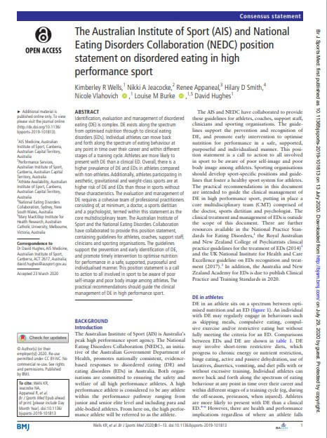 The Australian Institute of Sport (AIS) and National Eating Disorders Collaboration (NEDC) position statement on disordered eating in high performance sport