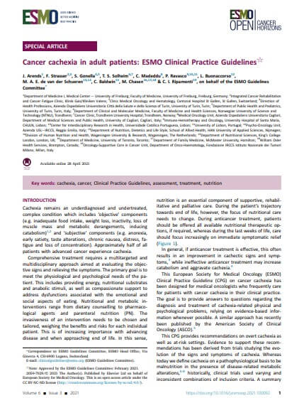 Cancer cachexia in adult patients: ESMO Clinical Practice Guidelines