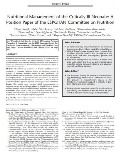 Nutritional Management of the Critically Ill Neonate: A Position Paper of the ESPGHAN Committee on Nutrition