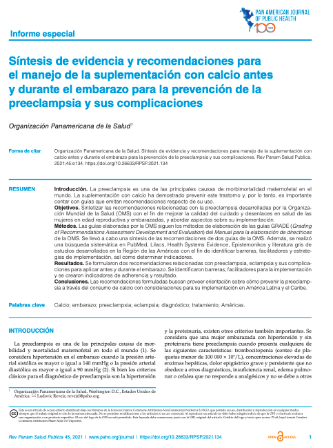 Síntesis de evidencia y recomendaciones para el manejo de la suplementación con calcio antes y durante el embarazo para la prevención de la preeclampsia y sus complicaciones
