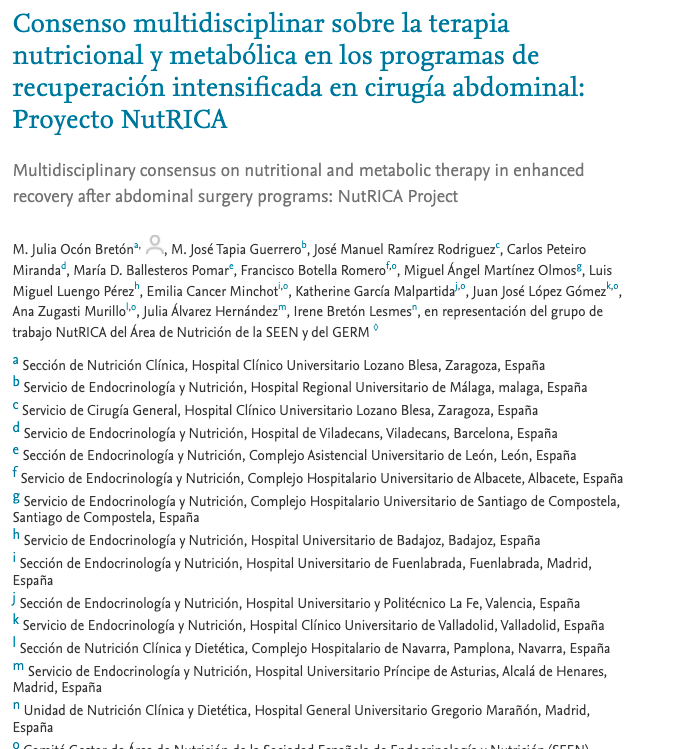 Consenso multidisciplinar sobre la terapia nutricional y metabólica en los programas de recuperación intensificada en cirugía abdominal: Proyecto NutRICA