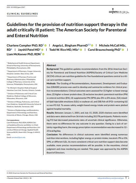 Guidelines for provision of nutrition support therapy in the adult critically ill patient: The American Society for Parenteral and Enteral Nutrition