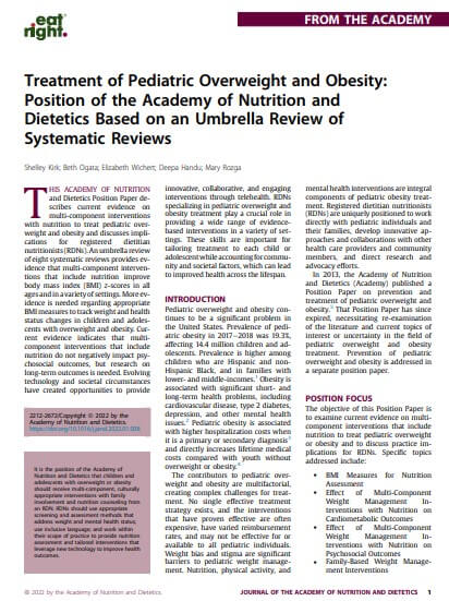 Treatment of Pediatric Overweight and Obesity: Position of the Academy of Nutrition and Dietetics Based on an Umbrella Review of Systematic Reviews