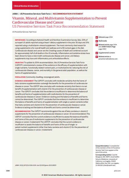 Vitamin, Mineral, and Multivitamin Supplementation to Prevent Cardiovascular Disease and Cancer US Preventive Services Task Force Recommendation Statement