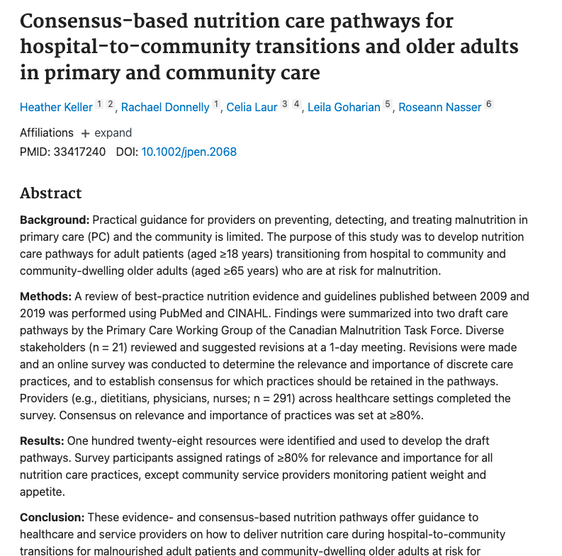 Consensus-based nutrition care pathways for hospital-to-community transitions and older adults in primary and community care