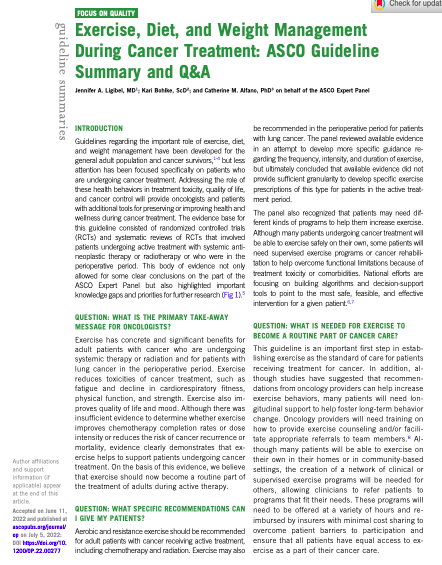 Ejercicio, dieta y control del peso durante el tratamiento del cáncer: Resumen de las directrices de la ASCO y preguntas y respuestas