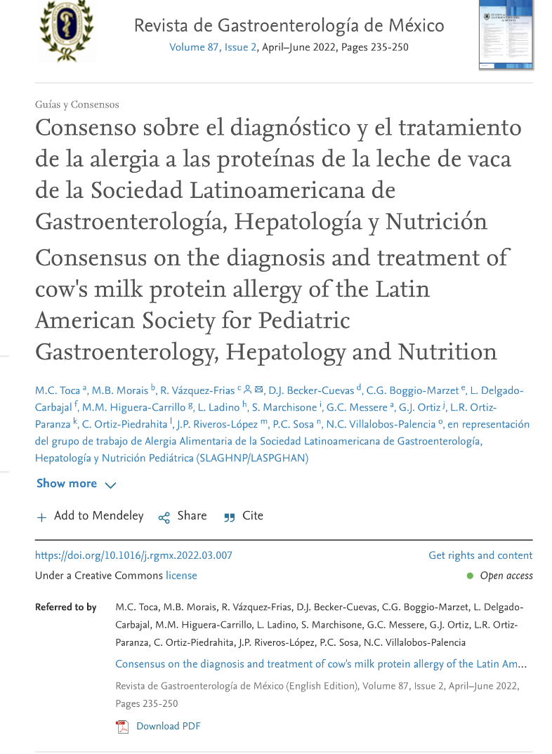 Consenso sobre el diagnóstico y el tratamiento de la alergia a las proteínas de la leche de vaca de la Sociedad Latinoamericana de Gastroenterología, Hepatología y Nutrición