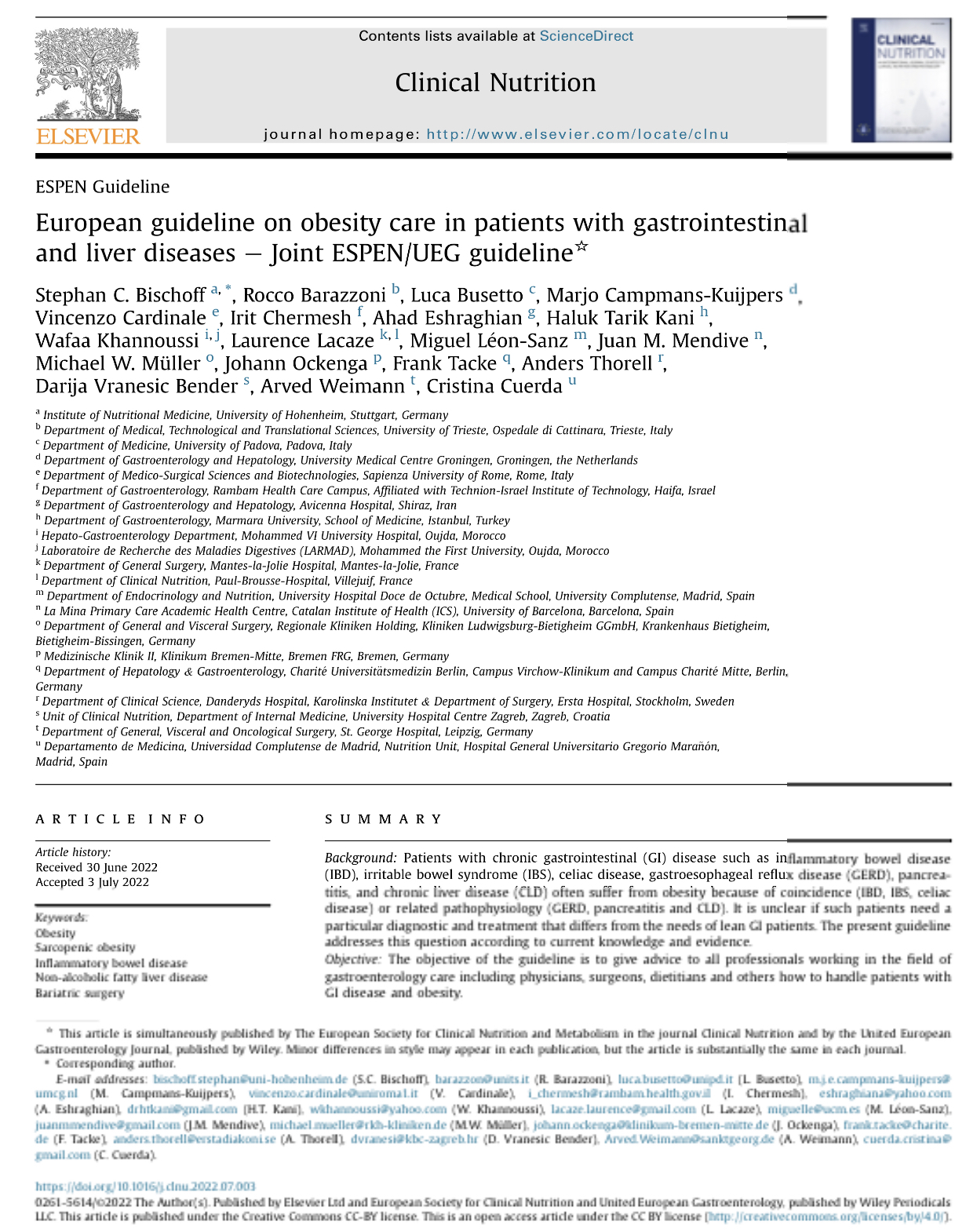 Guía europea sobre el cuidado de la obesidad en pacientes con enfermedades gastrointestinales.